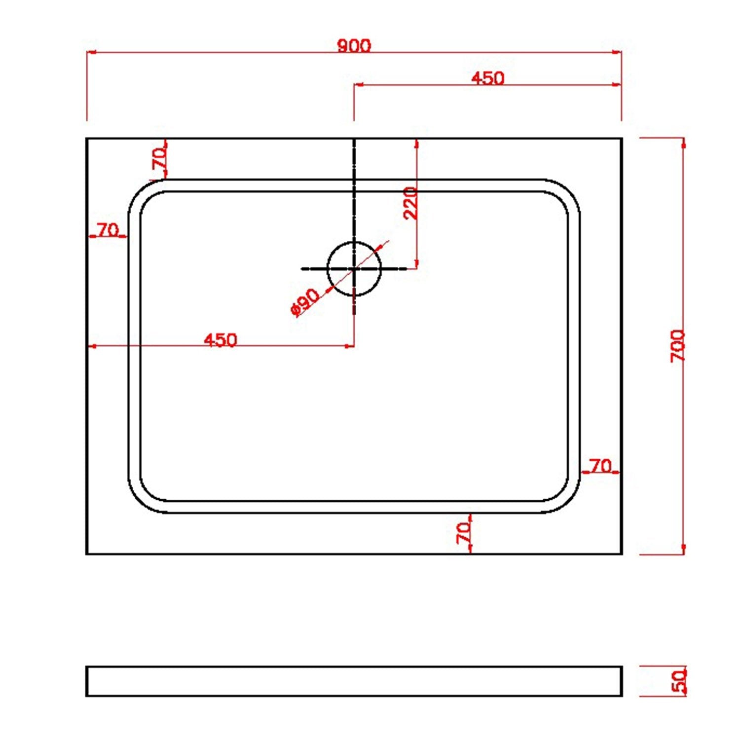 Piatto Doccia 70x90x5 cm Rettangolare Abs mod. Selene