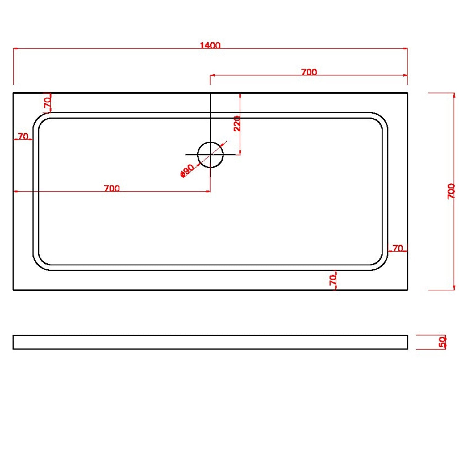 Piatto Doccia 70x140x5 cm Rettangolare Abs mod. Selene