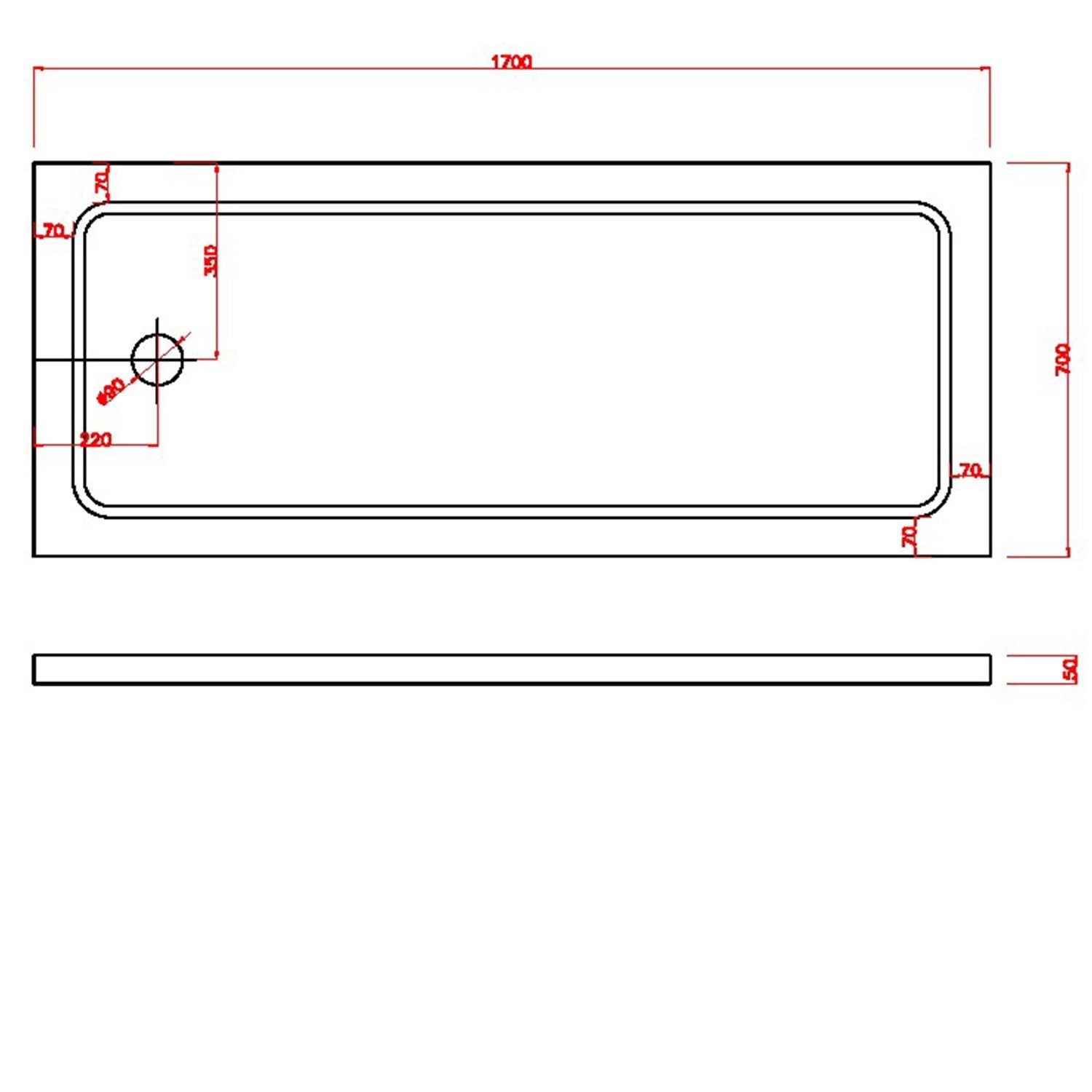 Piatto Doccia 70x170x5 cm Rettangolare Abs mod. Selene