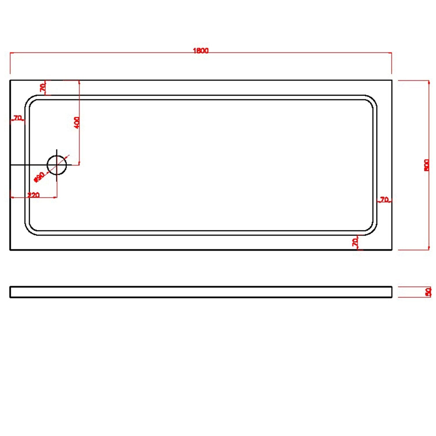 Piatto Doccia 80x180x5 cm Rettangolare Abs mod. Selene