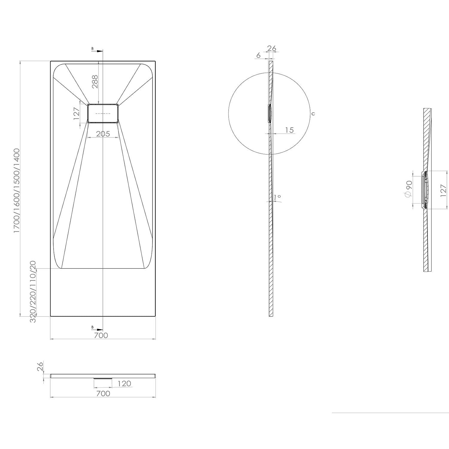 Piatto Doccia 70x140x2 6 cm Bianco Effetto Pietra mod. Strong