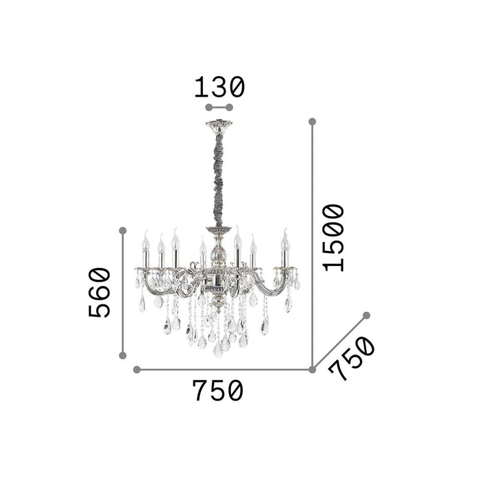 Lampadario Classico Impero Metallo-Cristallo Argento 8 Luci E14