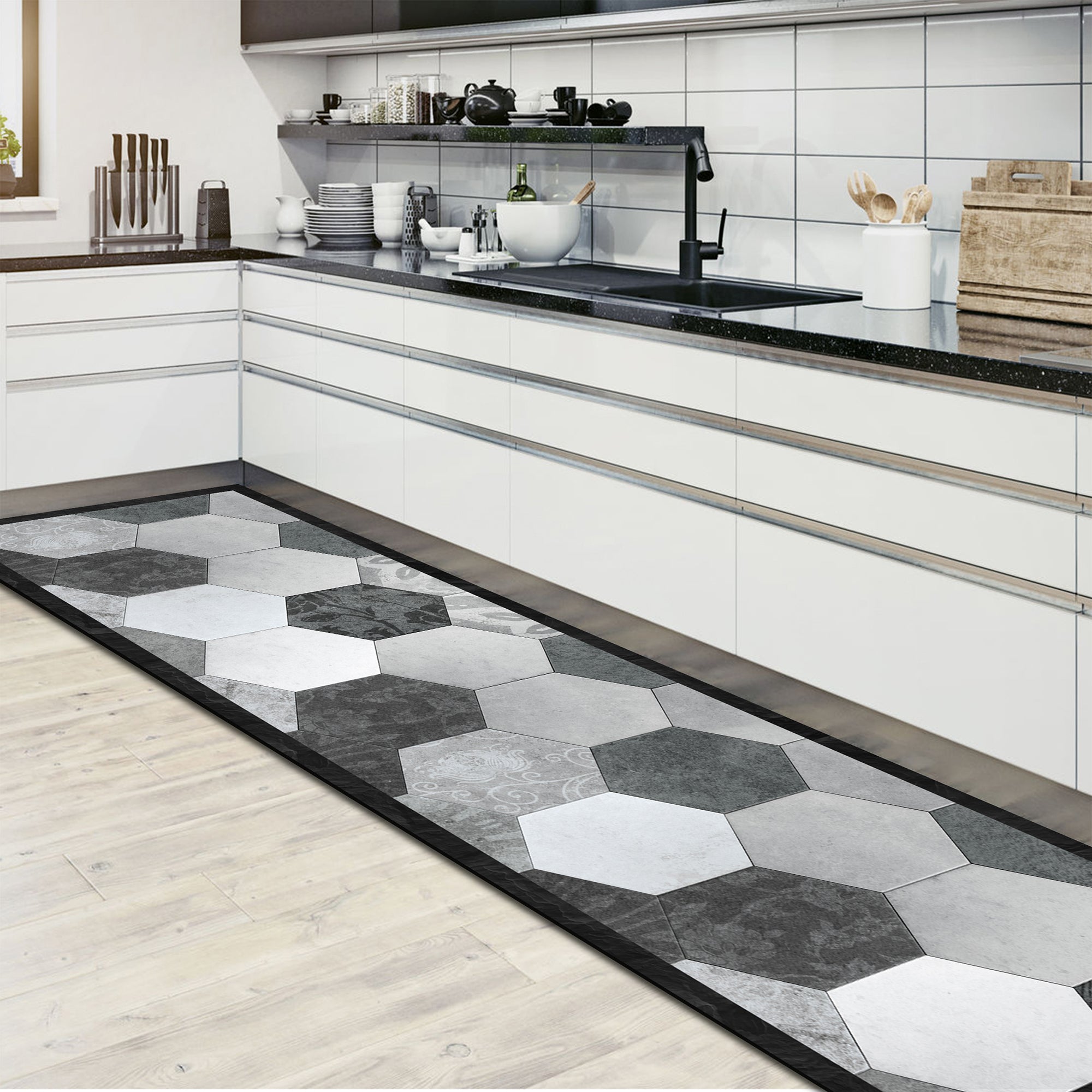 Passatoia da cucina antiscivolo Grey Exagons 60x180 cm