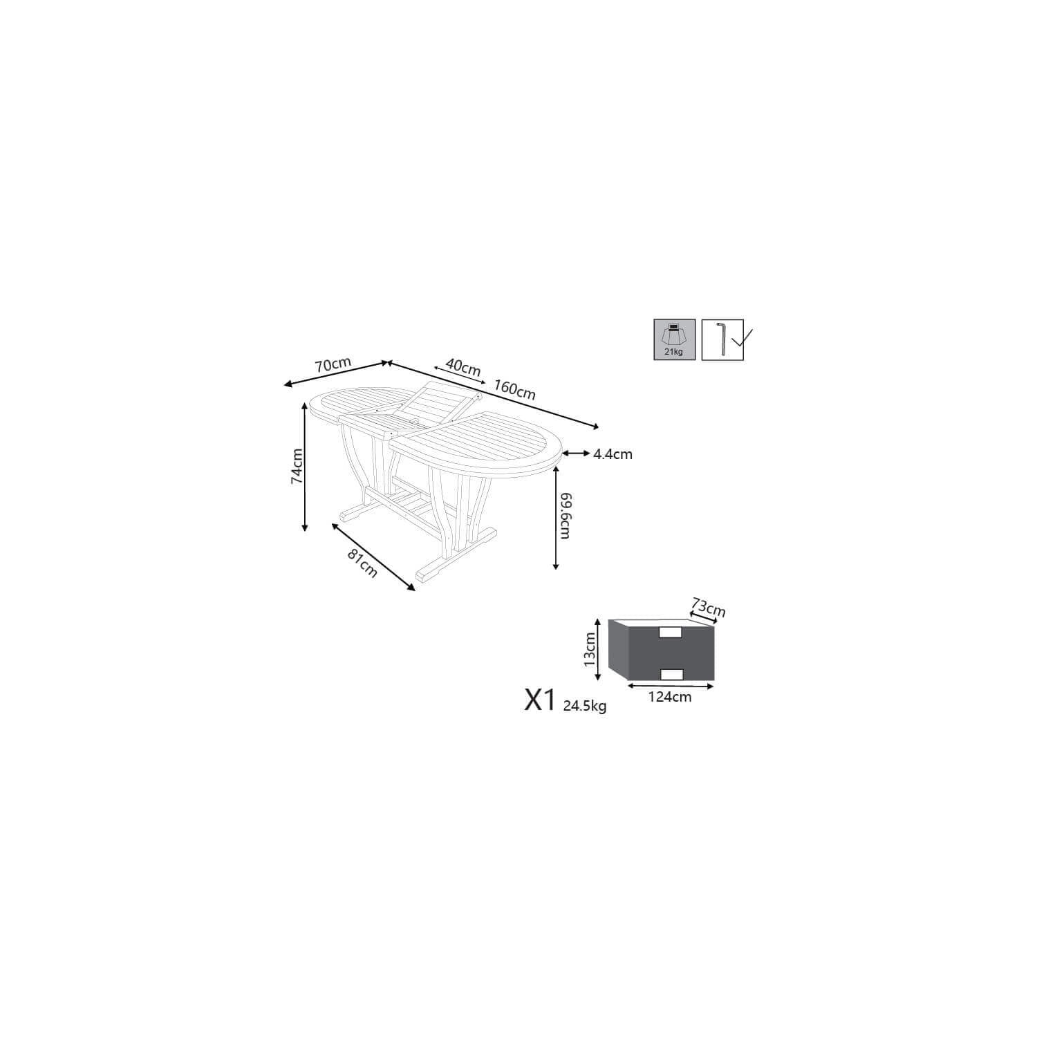 Tavolo ovale estensibile 120/160x70 cm in legno massiccio di acacia