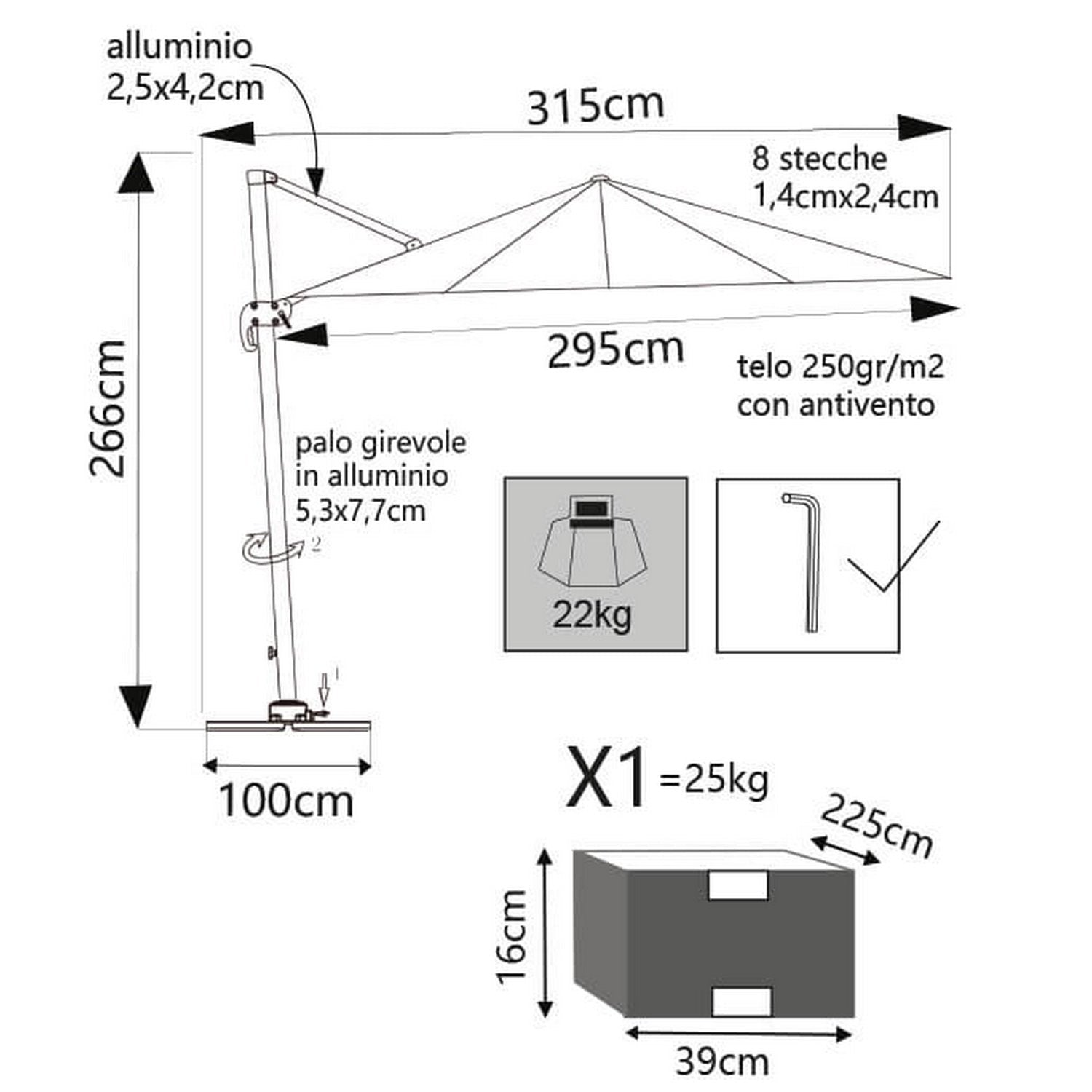 Ombrellone da giardino 3x3 in alluminio con telo in poliestere Ecru palo Nero antivento mod. Saturno