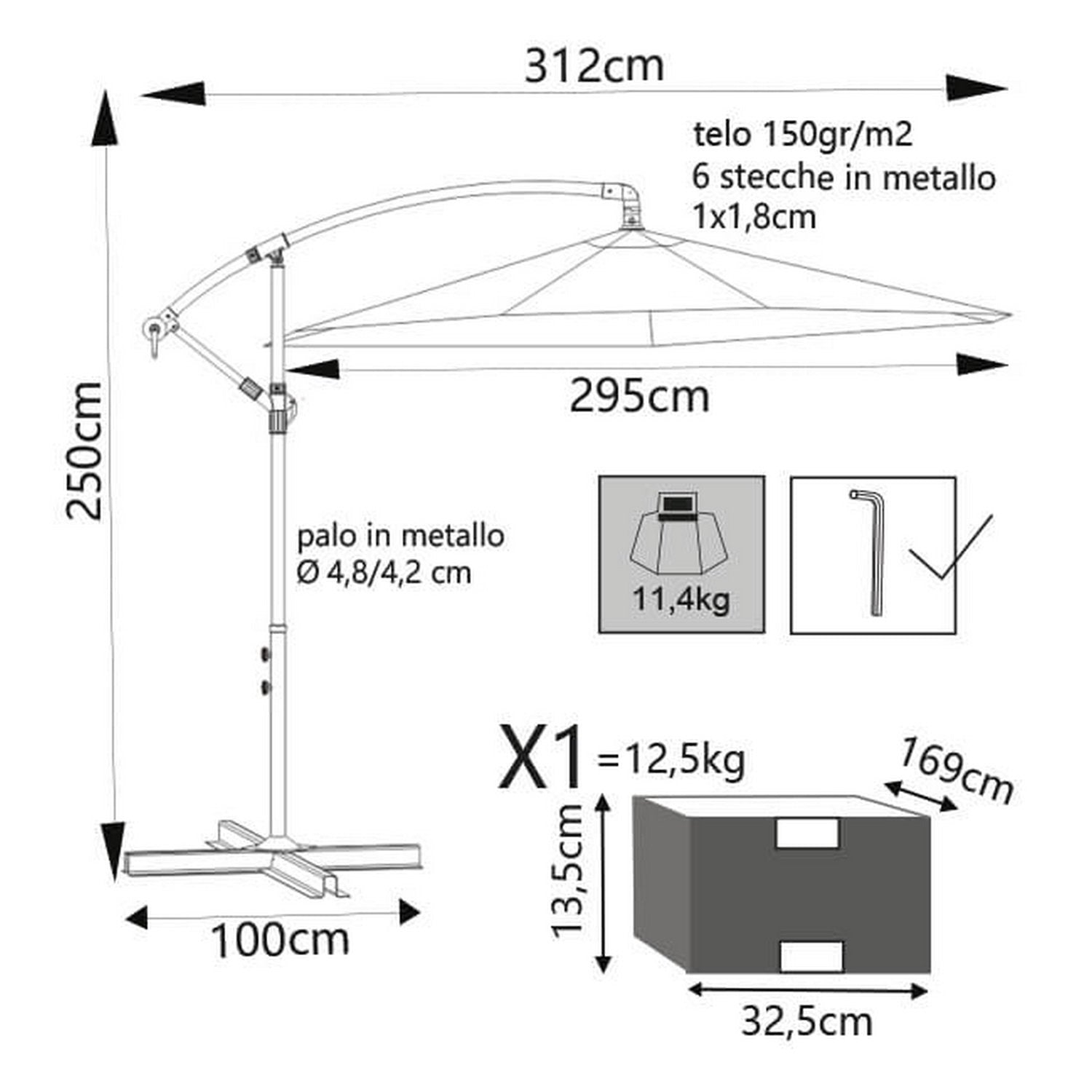 Ombrellone da giardino Ø 3 con telo in poliestere Bianco palo Bianco antivento mod. Eris