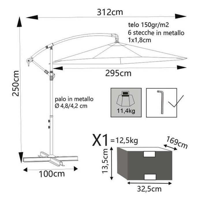 Ombrellone da giardino Ø 3 con telo in poliestere Grigio palo Bianco antivento mod. Eris