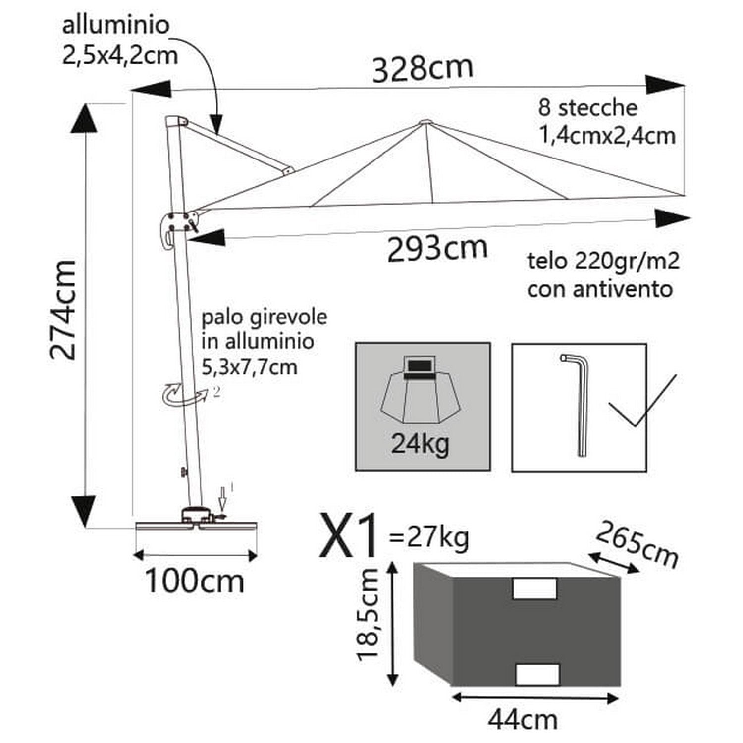 Ombrellone da giardino 3x4 in alluminio con telo in poliestere Ecru palo Nero antivento mod. Saturno