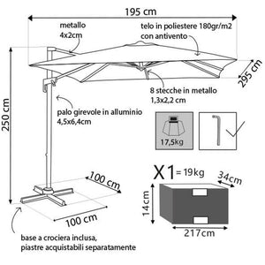 Ombrellone da giardino 2x3 con telo in poliestere Grigio palo Nero antivento mod. Newton