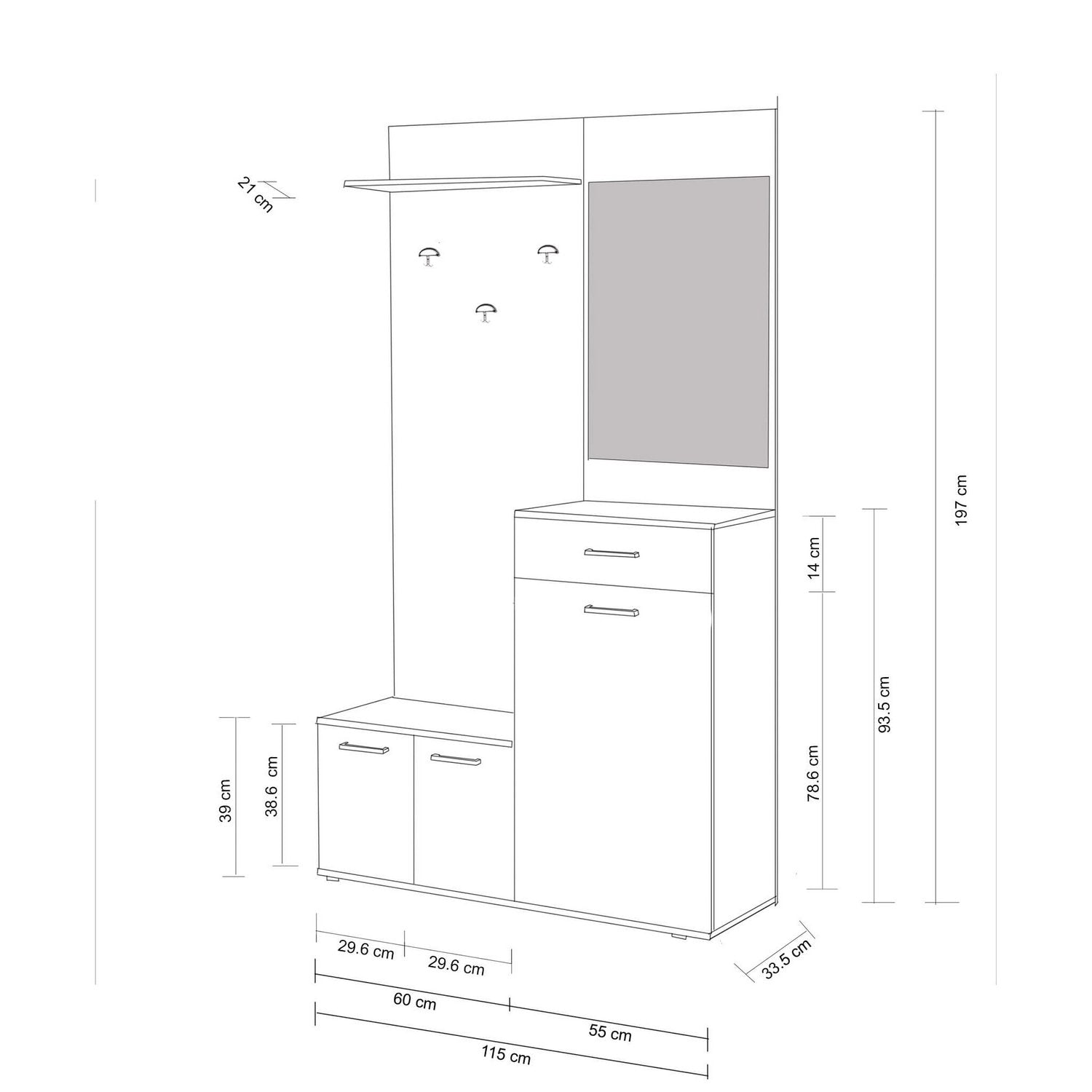 Mobile ingresso con cappelliera specchiera appendiabiti e 2 ante contenitive di colore Rovere chiaro e Bianco mod. Smeraldo