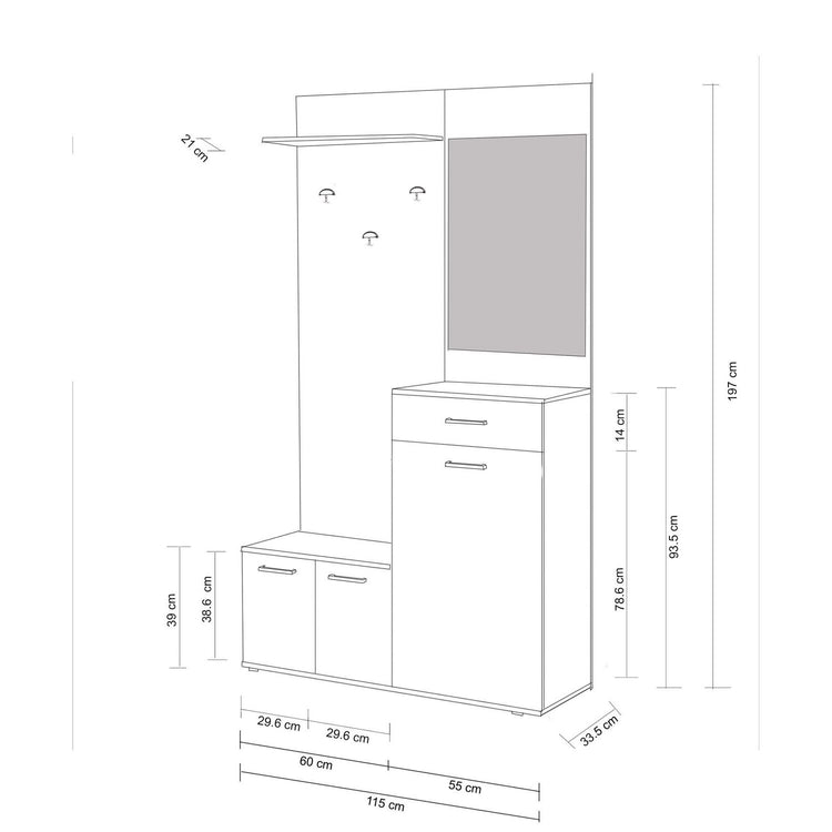 Mobile ingresso con cappelliera specchiera appendiabiti e 2 ante contenitive di colore Rovere chiaro e Bianco mod. Smeraldo