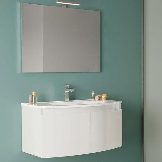 Mobile bagno a due ante con lavabo in ceramica specchio e lampada cm 80 Bianco Lucido-modello Tide 3