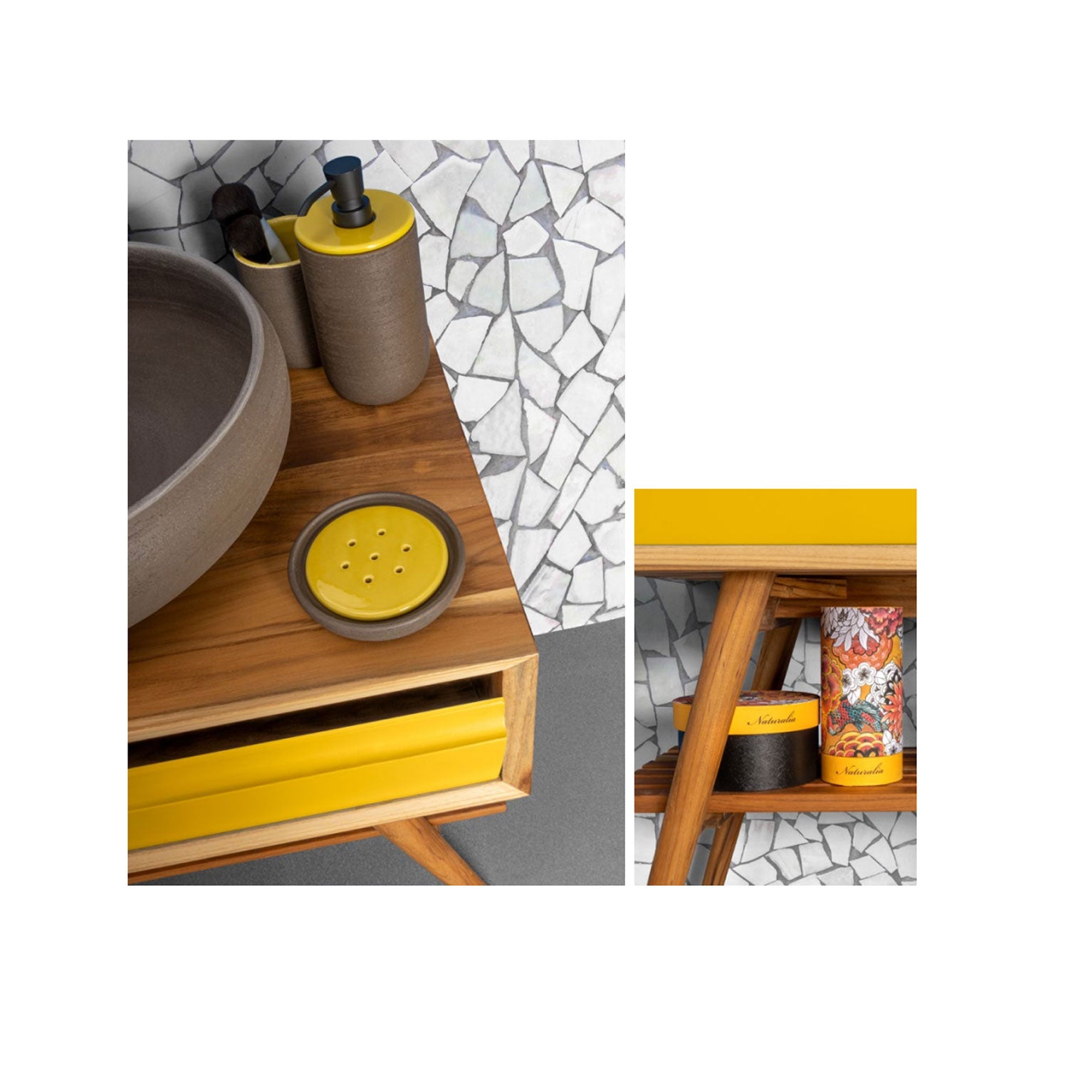 Consolle in Teak di recupero naturale serie Feelcolor Cipi 70cm con cassetto Giallo mostarda