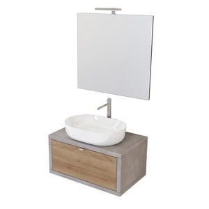 Composizione bagno sospesa Nyumba grigio caldo con cassetto in rovere 80x40 compresa di lavabo, specchio e lampada LED