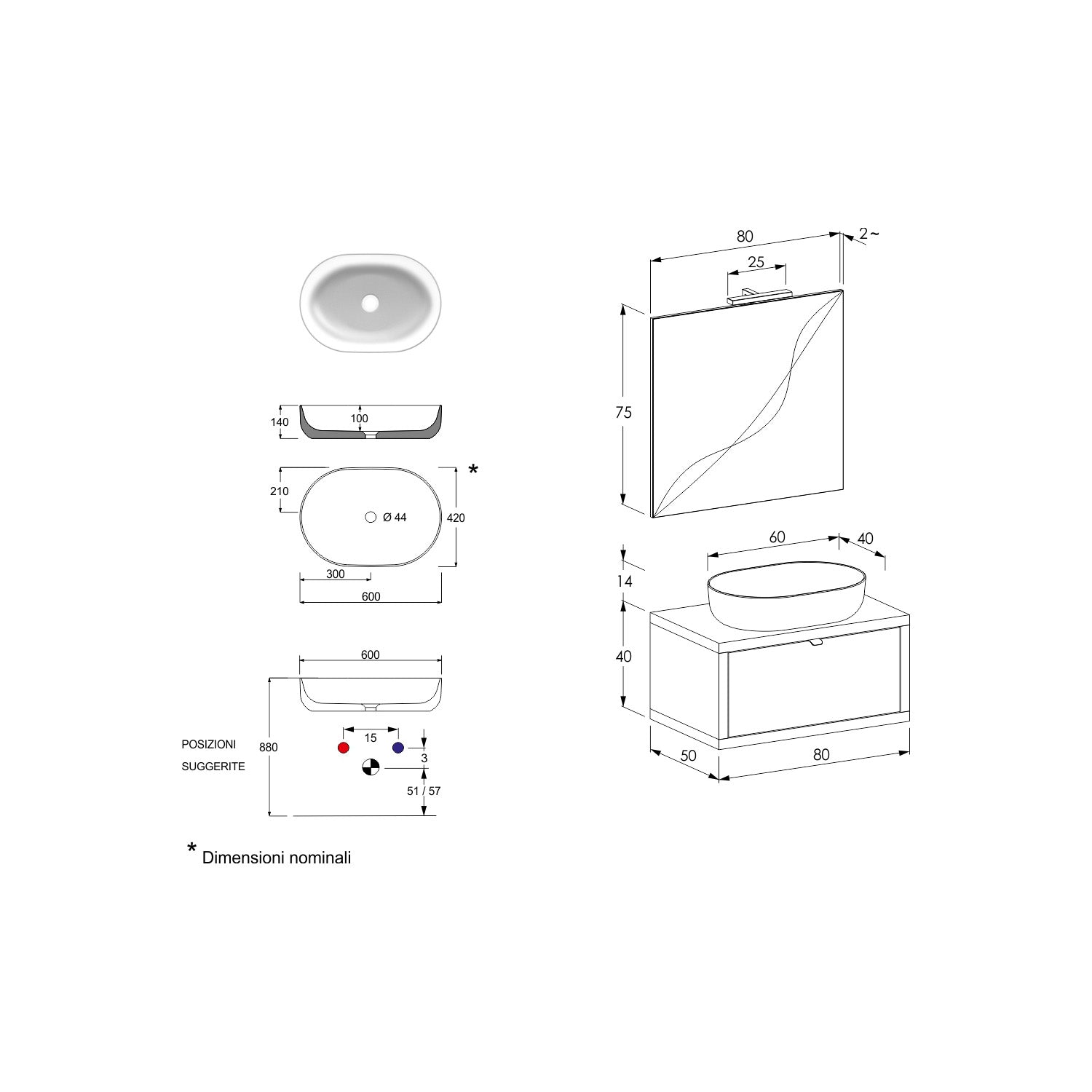 Composizione bagno sospesa Nyumba grigio caldo con cassetto in rovere 80x40 compresa di lavabo, specchio e lampada LED