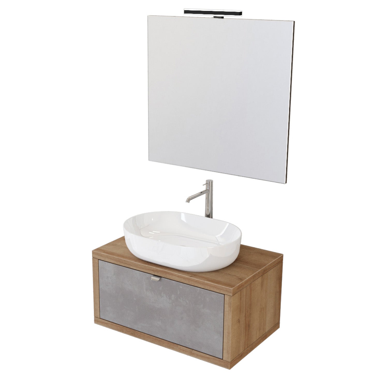 Composizione bagno sospesa Nyumba rovere con cassetto grigio caldo 80x40 comprende lavabo, specchio e lampada LED