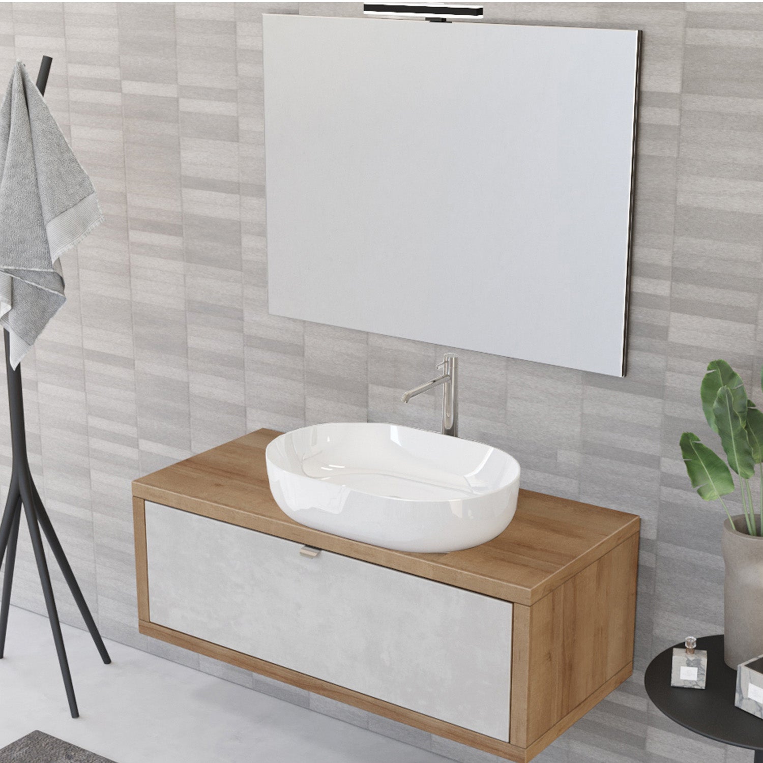 Composizione bagno sospesa Nyumba rovere a 1 cassetto grigio cielo 110x40 cm con lavabo, specchio e lampada LED 