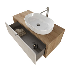 Composizione bagno sospesa Nyumba rovere a 1 cassetto grigio cielo 110x40 cm con lavabo, specchio e lampada LED 