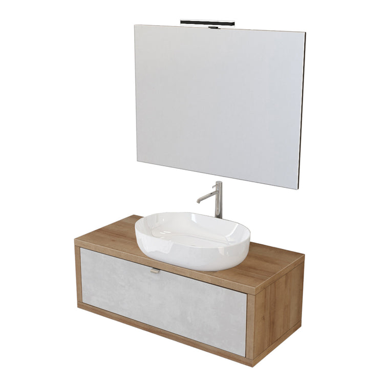 Composizione bagno sospesa Nyumba rovere a 1 cassetto grigio cielo 110x40 cm con lavabo, specchio e lampada LED 