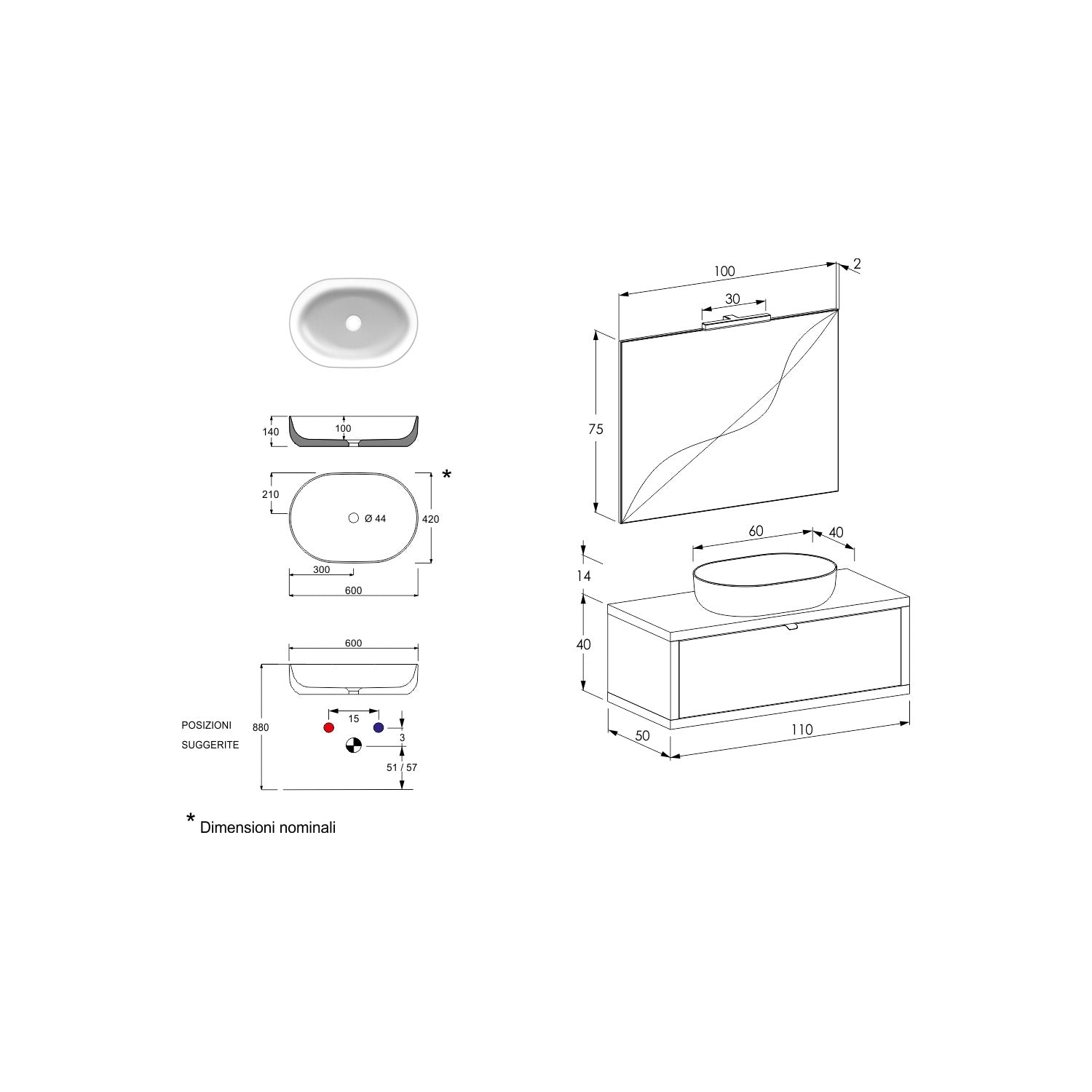 Composizione bagno sospesa Nyumba rovere a 1 cassetto grigio cielo 110x40 cm con lavabo, specchio e lampada LED 