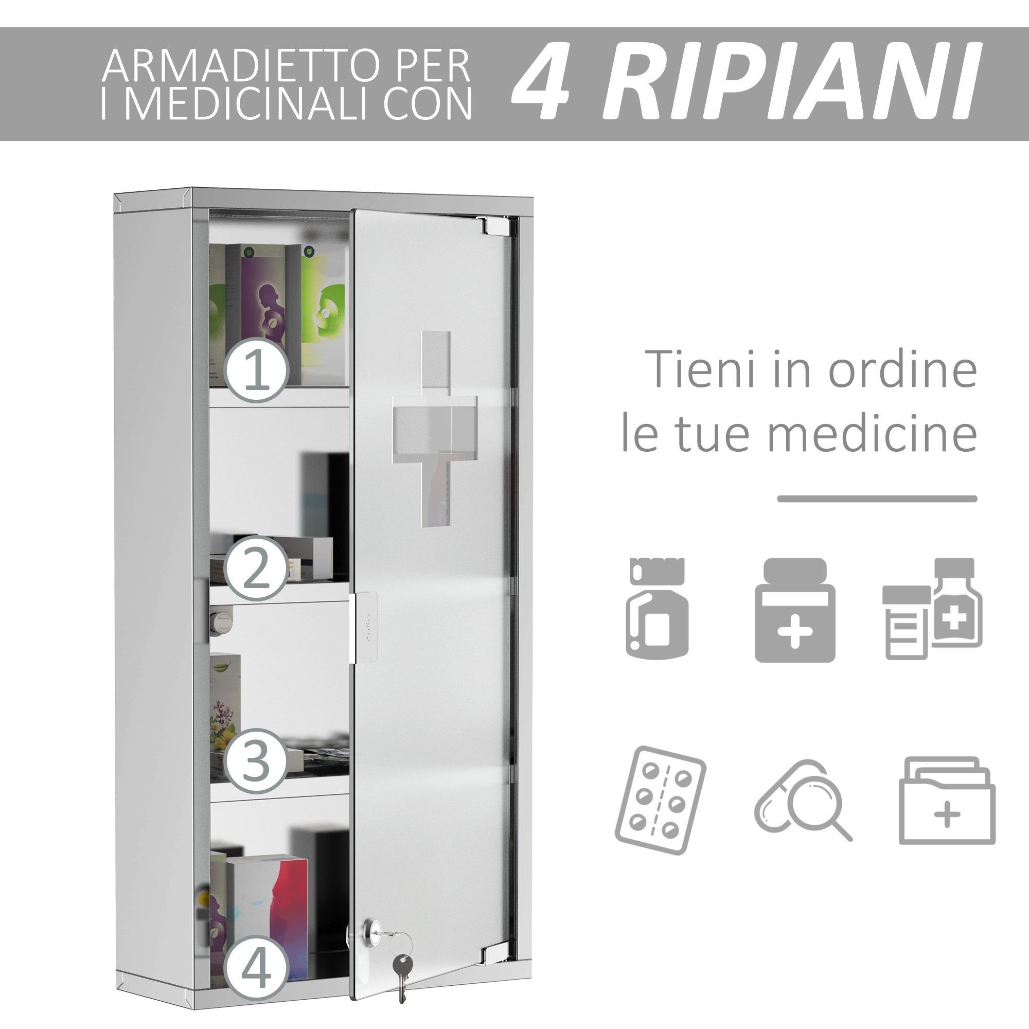 Easycomfort Armadietto Medicinale Cassetta Porta Medicina a Quattro Ripiani in Acciaio Inox 30 x 12 x 60cm