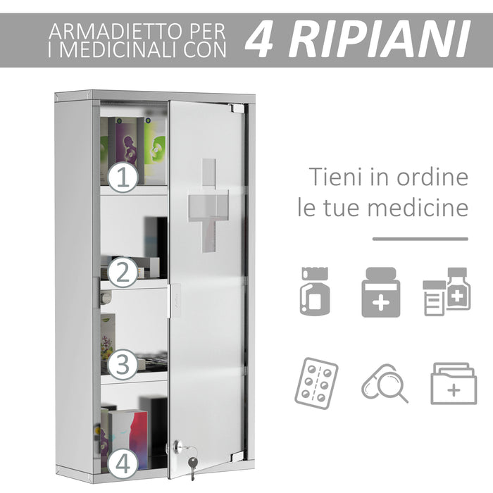 Easycomfort Armadietto Medicinale Cassetta Porta Medicina a Quattro Ripiani in Acciaio Inox 30 x 12 x 60cm