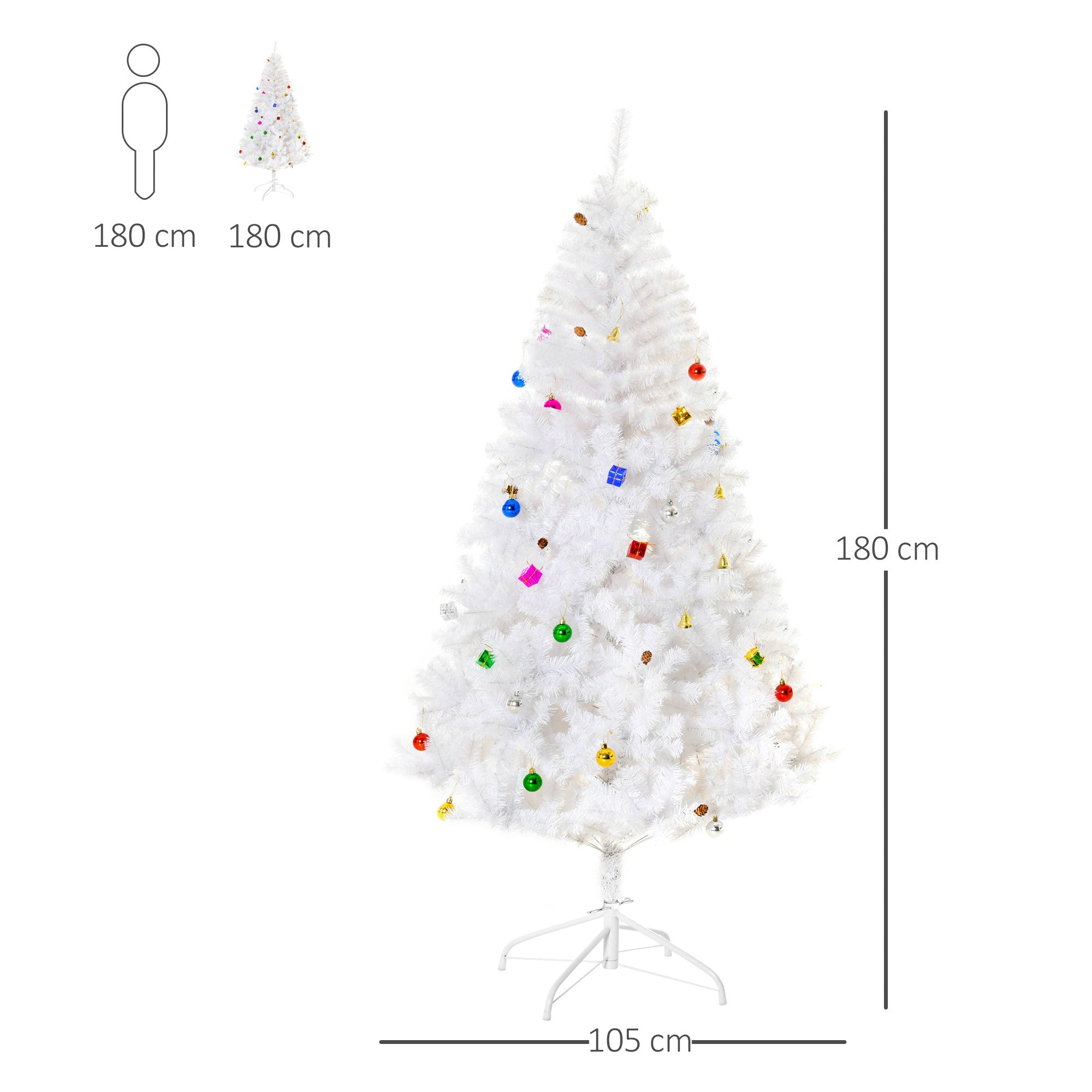 Easycomfort Albero di Natale Bianco 180cm con Addobbi e 930 Rami, Albero di Natale Artificiale in PVC