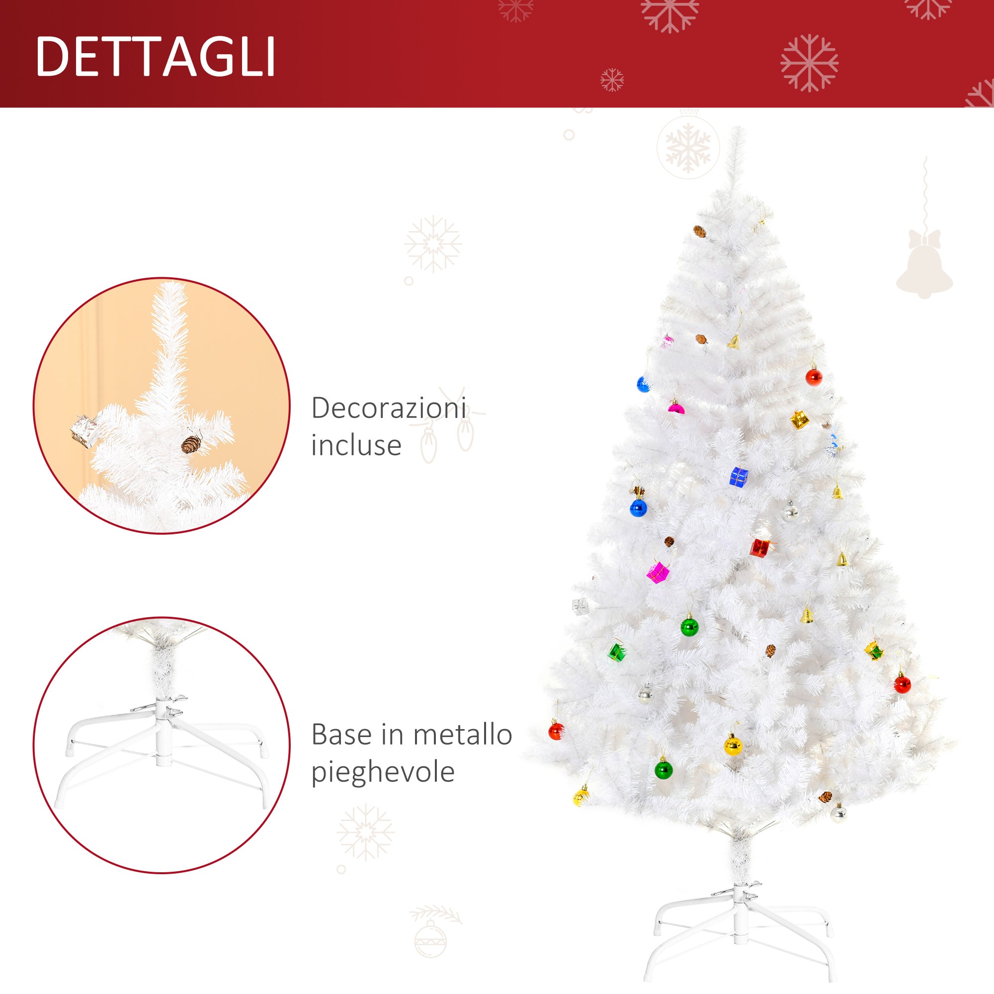 Easycomfort Albero di Natale Bianco 180cm con Addobbi e 930 Rami, Albero di Natale Artificiale in PVC