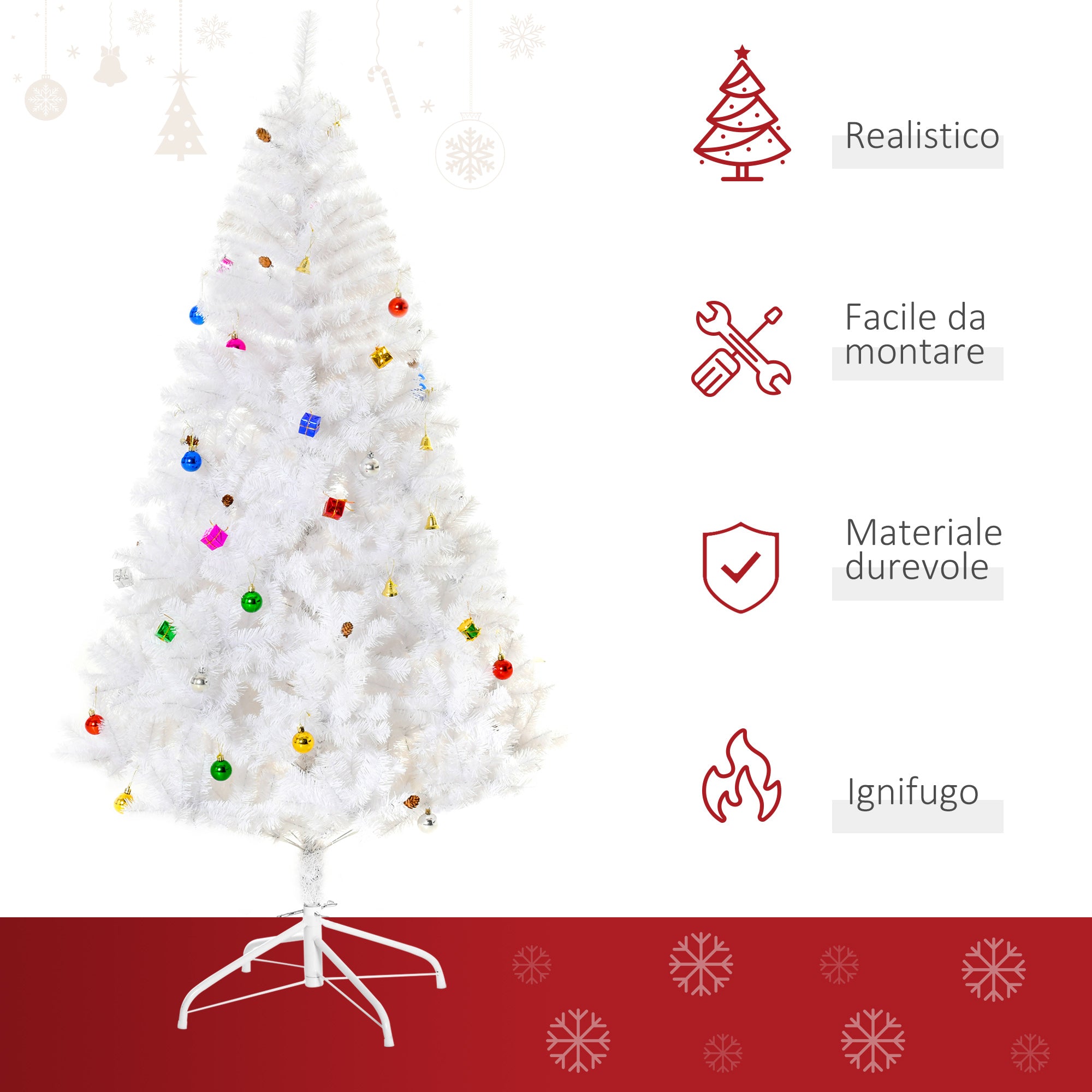 Easycomfort Albero di Natale Bianco 180cm con Addobbi e 930 Rami, Albero di Natale Artificiale in PVC