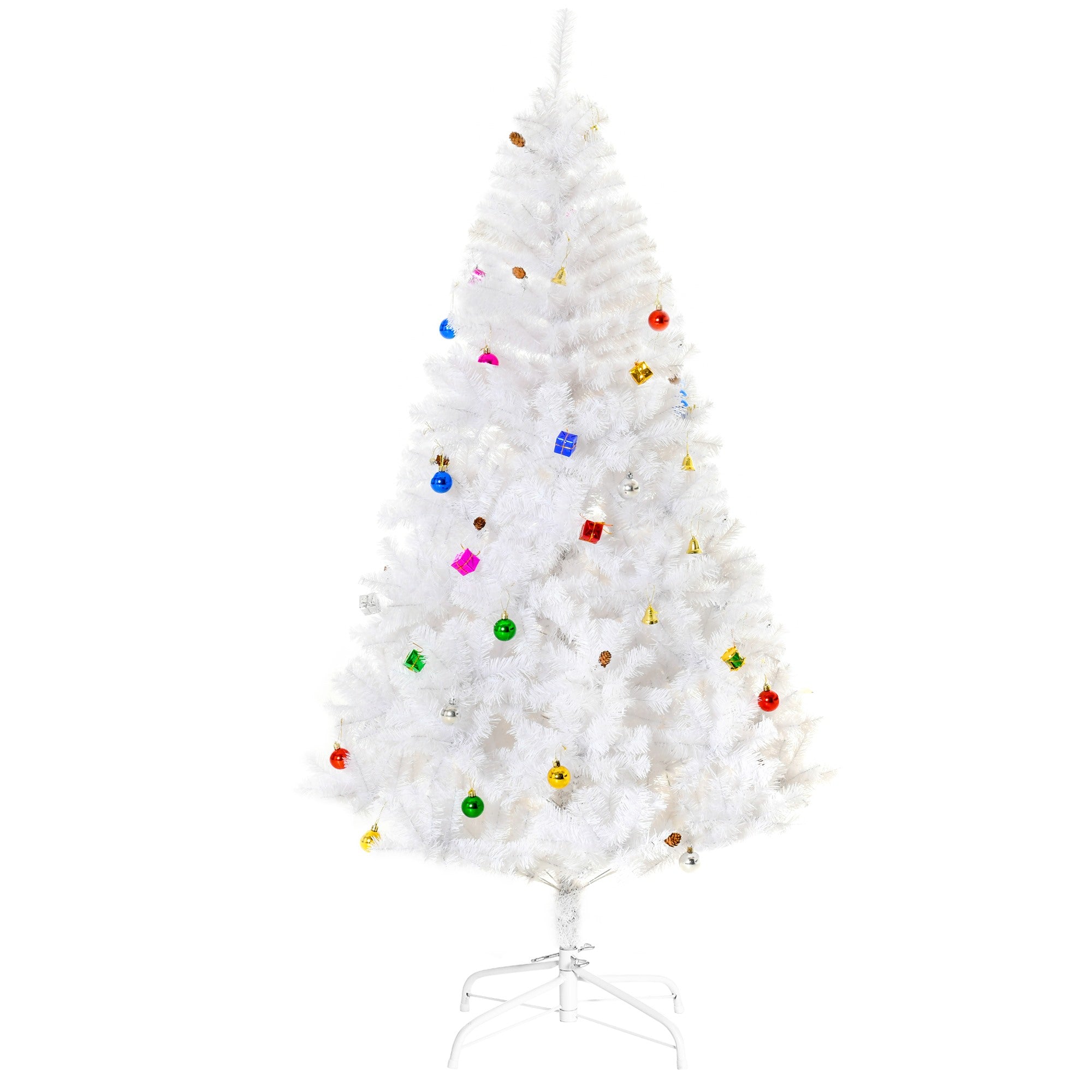 Easycomfort Albero di Natale Bianco 180cm con Addobbi e 930 Rami, Albero di Natale Artificiale in PVC