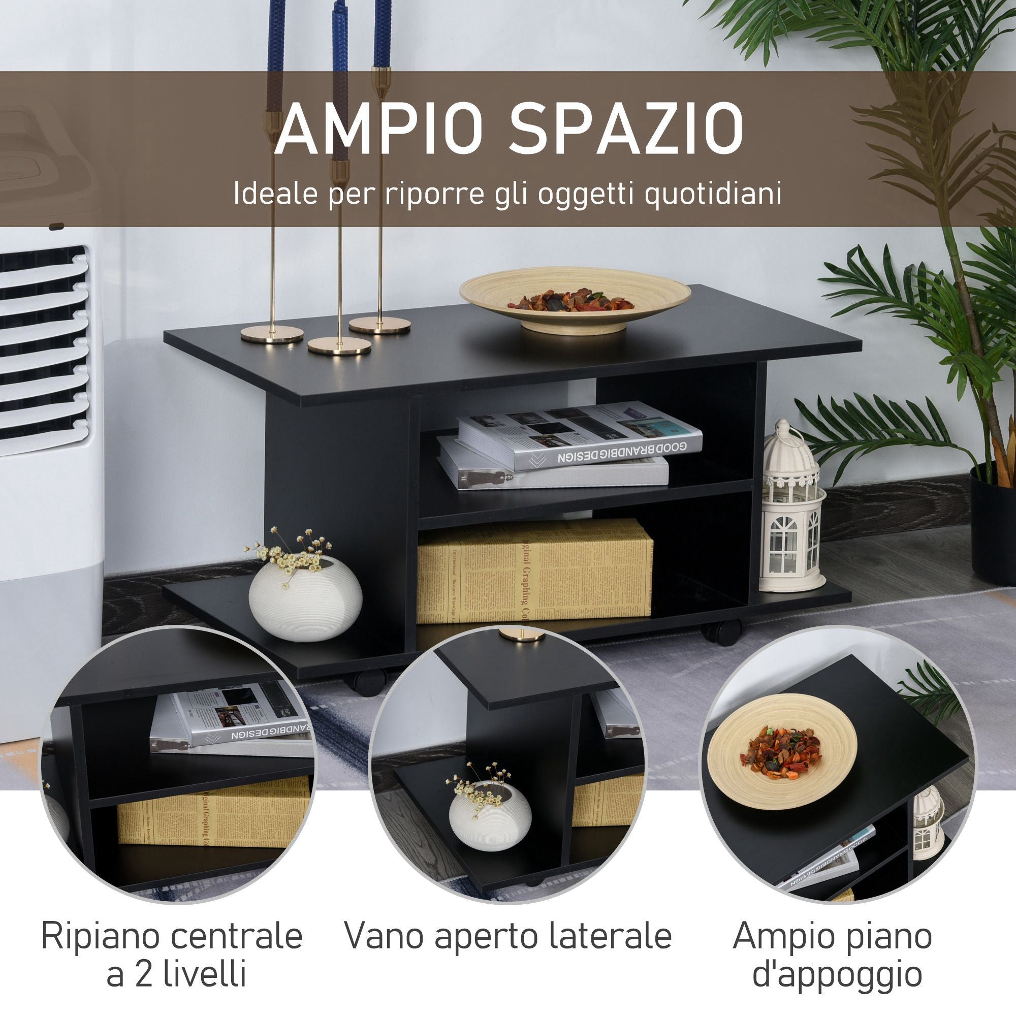 Mobile TV in Legno con Ruote Nero 40x40x80 cm