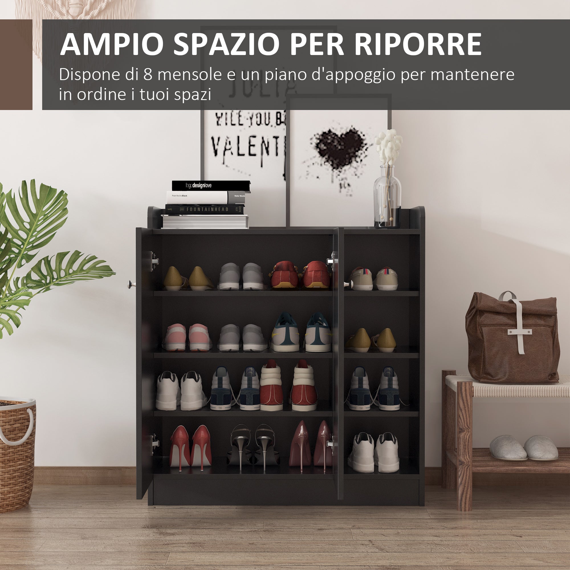 Easycomfort Armadio Scarpiera Salvaspazio Regolabile, Scarpiera Moderna in Legno per 12 Paia di Scarpe con 4 Ripiani Aperti, 83x30x90 cm, Nero