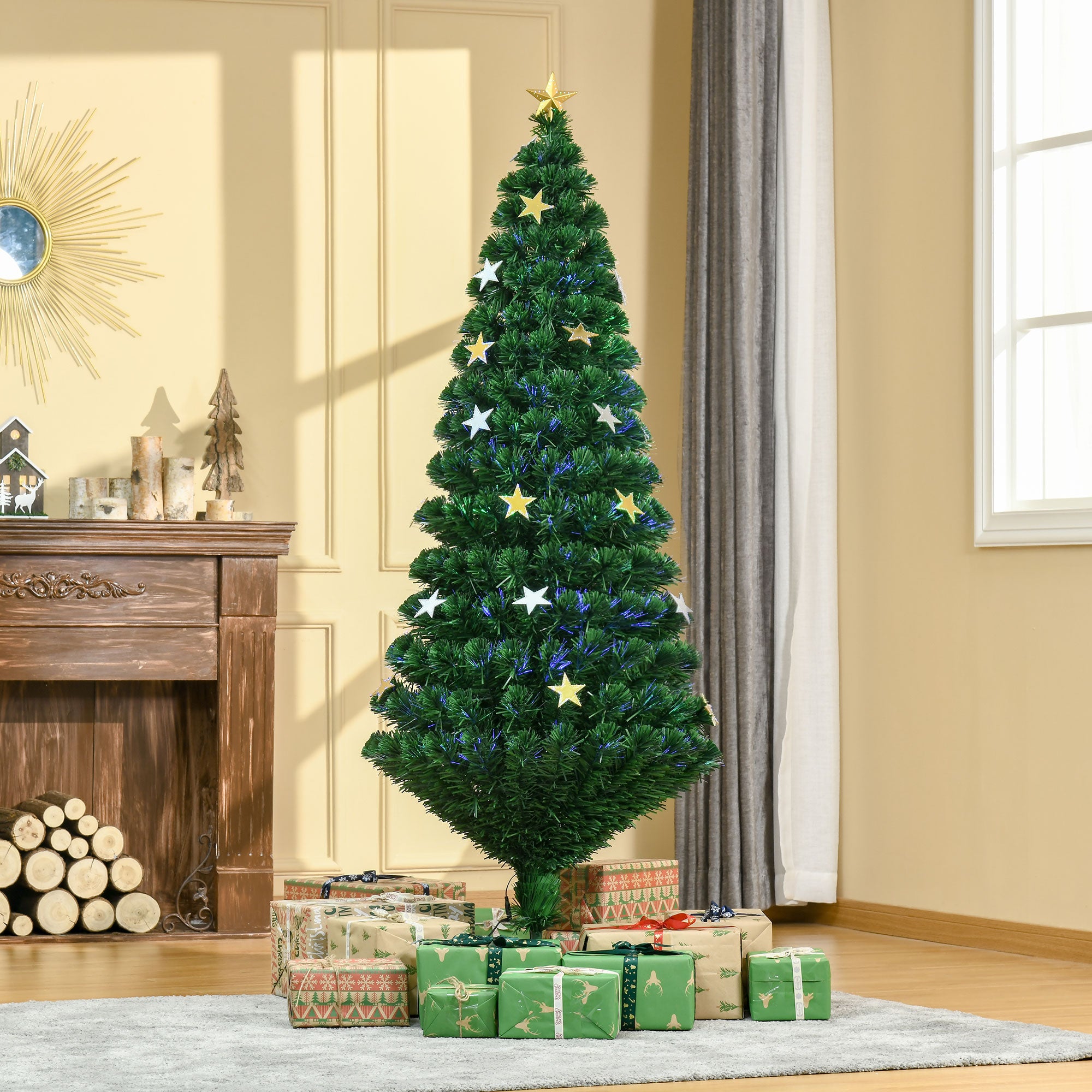 Easycomfort Albero di Natale 180cm con 27 Luci LED, Fibre Ottiche e 230 Rami, Albero di Natale Artificiale