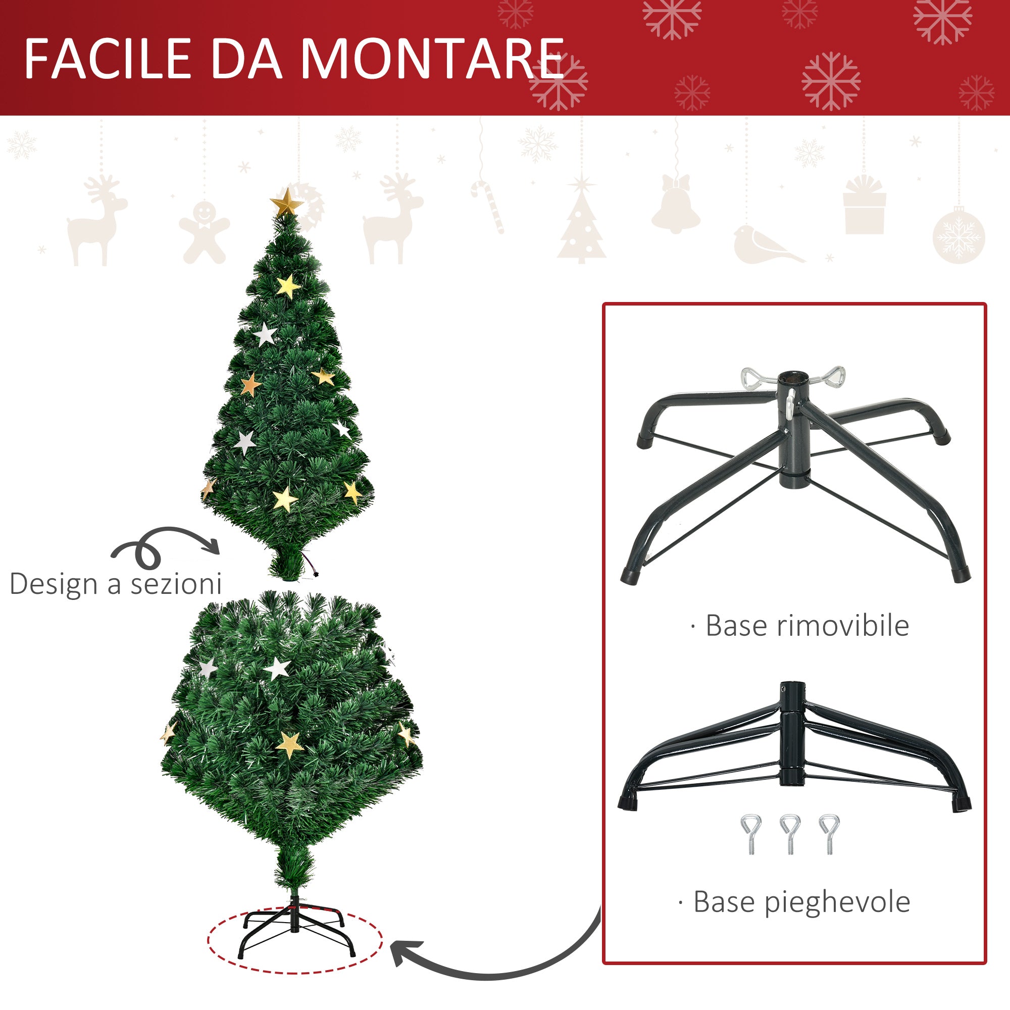 Easycomfort Albero di Natale 180cm con 27 Luci LED, Fibre Ottiche e 230 Rami, Albero di Natale Artificiale