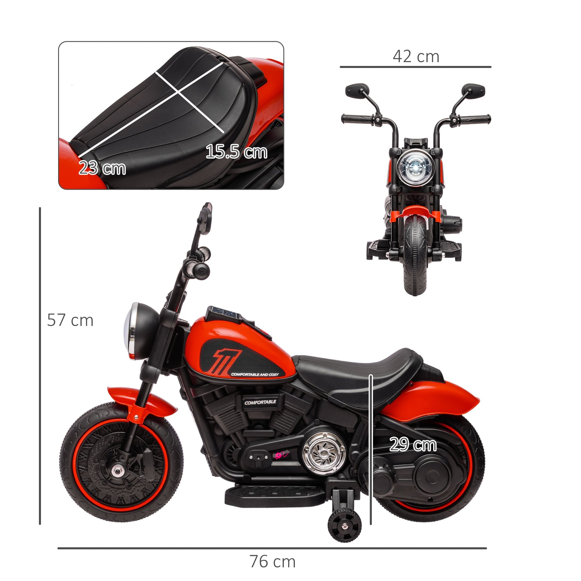 Moto Elettrica per Bambini 18-36 Mesi con Rotelle e Fanale 76x42x57 cm Rosso e Nero