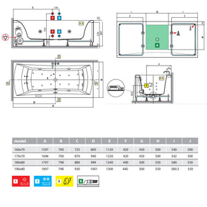 Vasca Bagno rettangolare in acrilico con poggiatesta e idromassaggio Whirpool cm 170x70