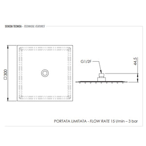 Soffione doccia ultrasottile quadrato cm 30x30 con braccio 40 cm Bianco Opaco