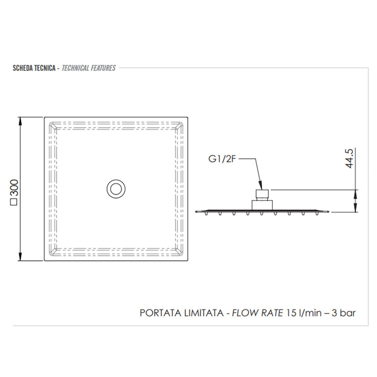 Soffione doccia ultrasottile quadrato cm 30x30 con braccio 40 cm Bianco Opaco