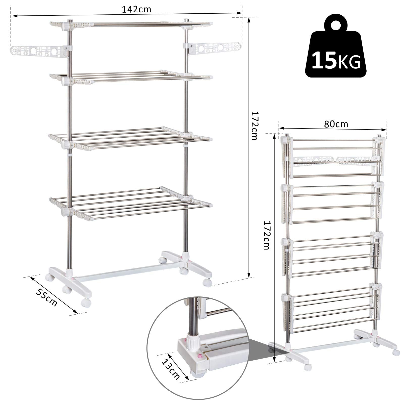 EasyComfort Stendino Verticale Pieghevole in Acciaio e Plastica con 6 Ruote e 4 Ripiani Regolabili, 142x55x172 cm