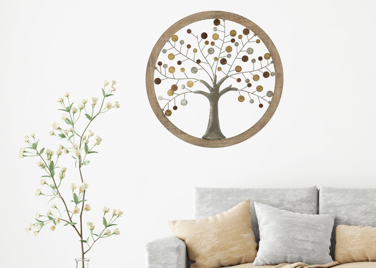 Pannello da Muro Albero della Vita Mirror Ø61x1,8 cm in Ferro e MDF Oro e Naturale