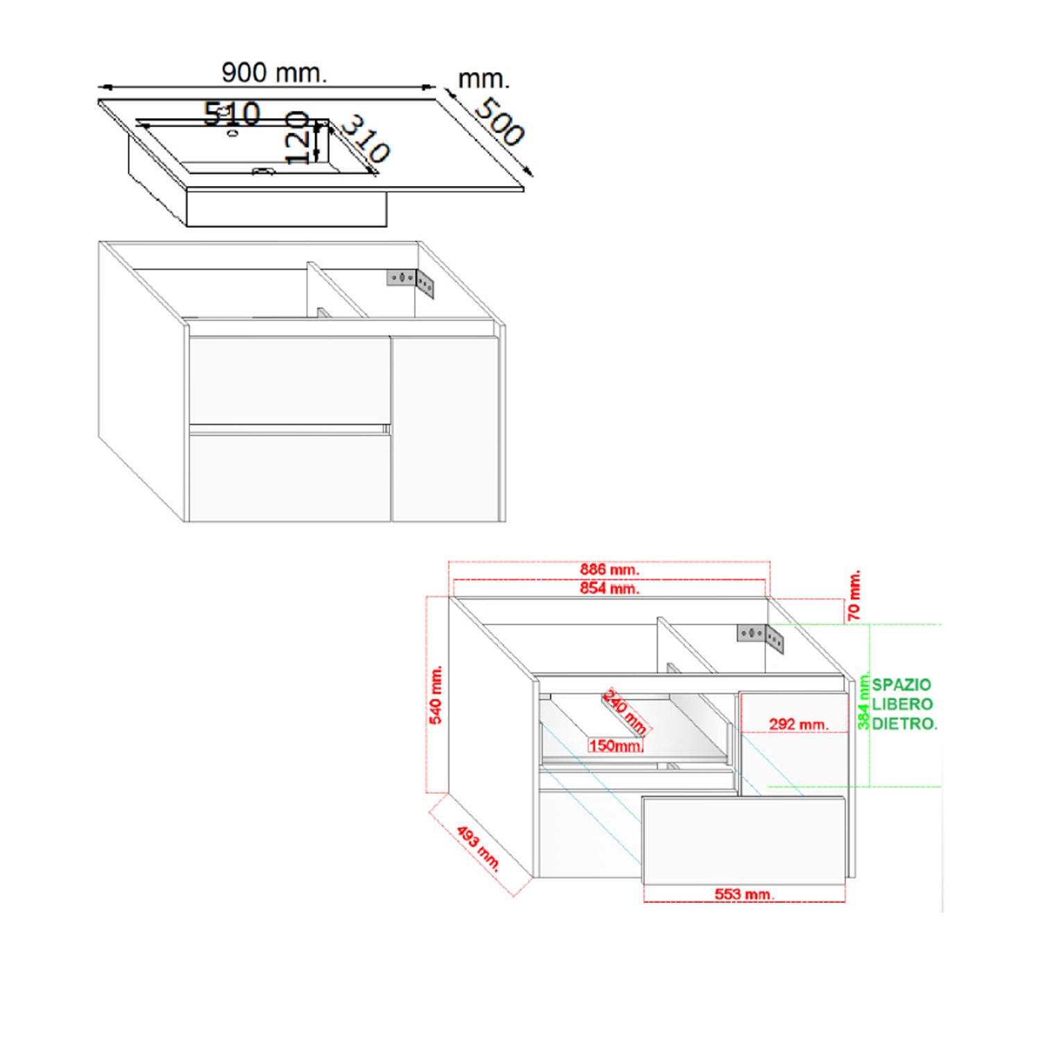 Mobile bagno sospeso FLIP 90 90x50 cm bianco lucido con imperfezioni