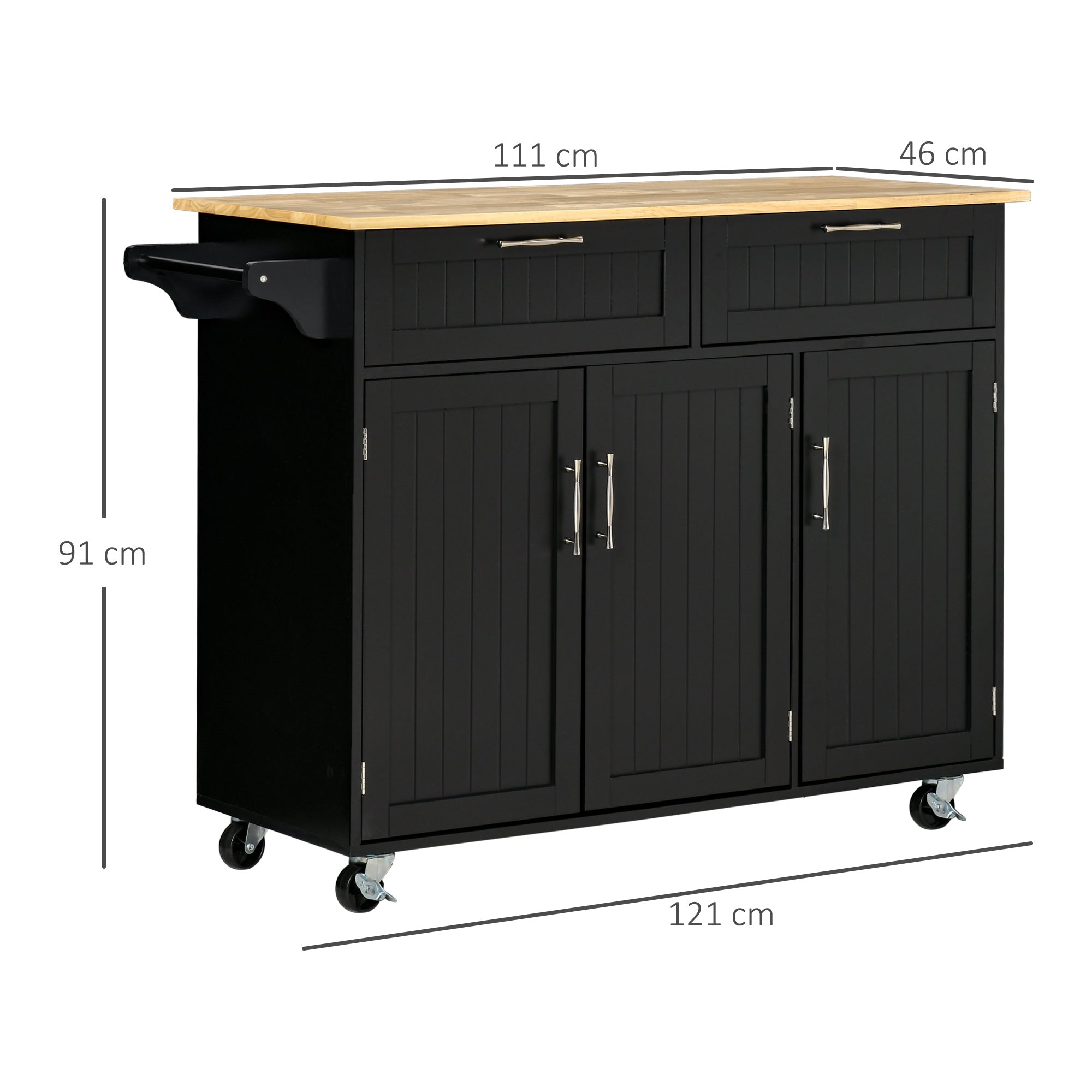 Carrello da Cucina 121x46x91 cm 2 Cassetti 3 Ante con Ruote Nero