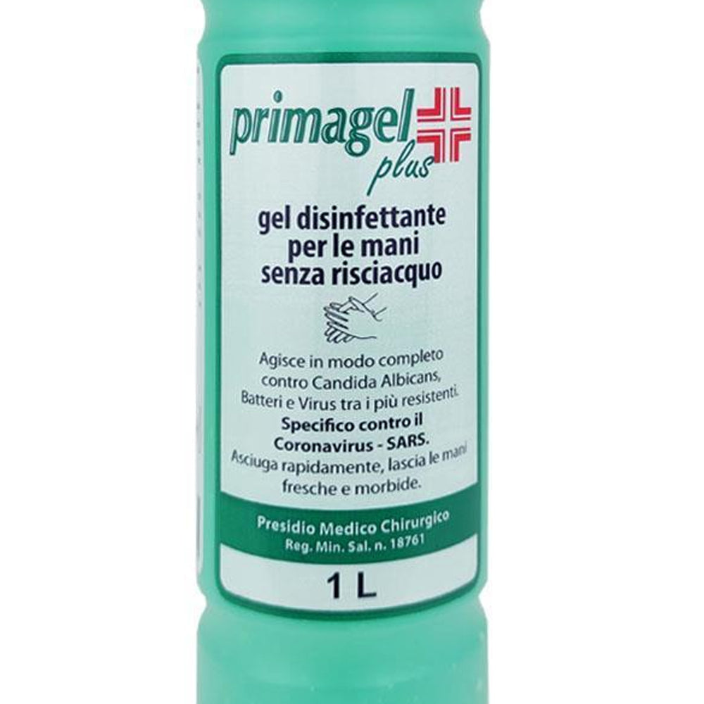 Igienizzante gel per le mani a base alcolica senza risciacquo per l'immediata detersione e disinfezione delle mani. Flacone convenienza da 1 Litro con tappo versatore