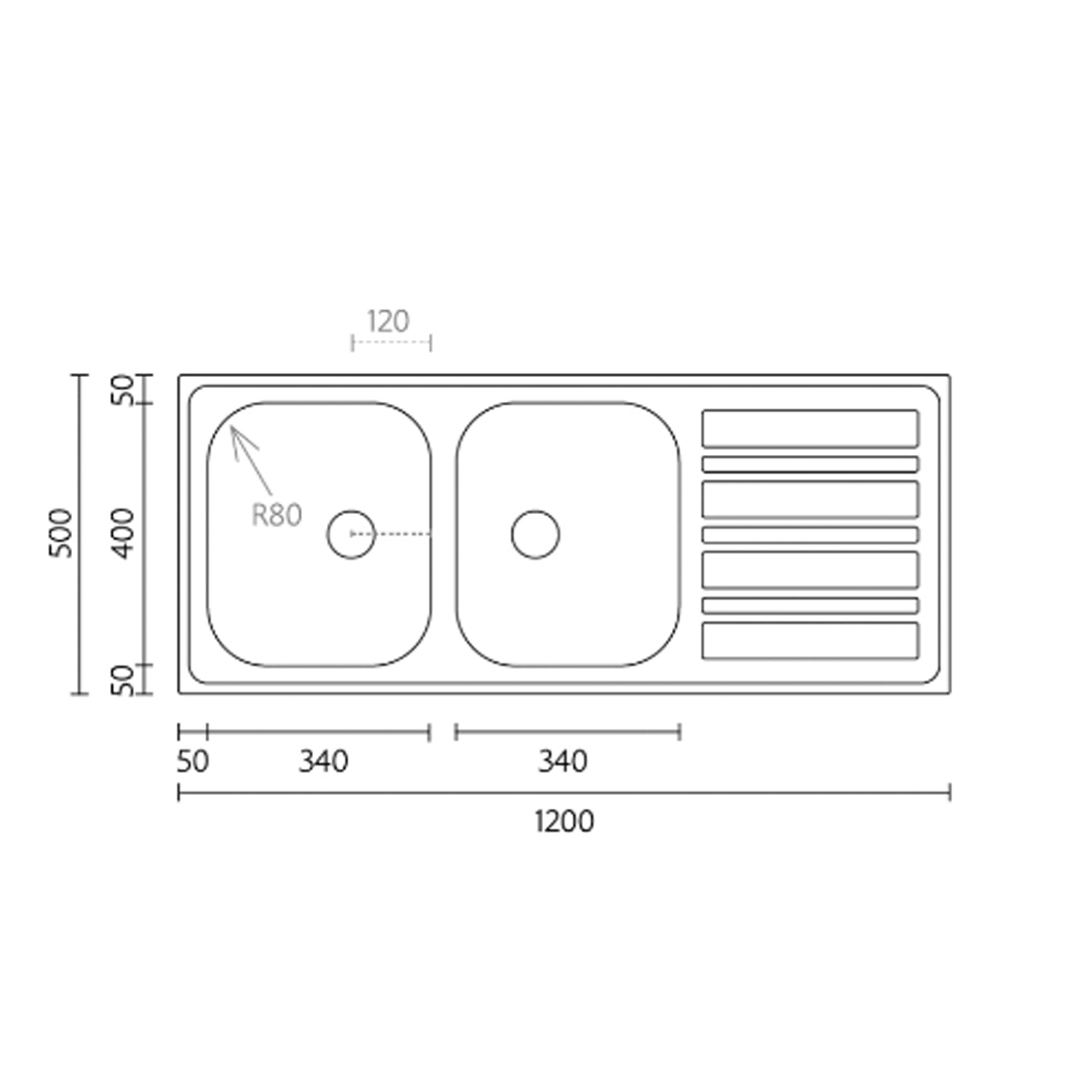 Lavello da cucina in acciaio inox modello LS06 con sgocciolatoio a destra 120x50 cm