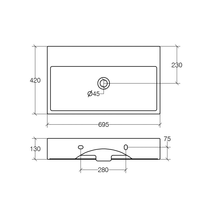 Lavabo da appoggio o muro in ceramica lucida senza foro rubinetto e piletta ma con troppopieno Lineabeta Quarelo cm 70x42