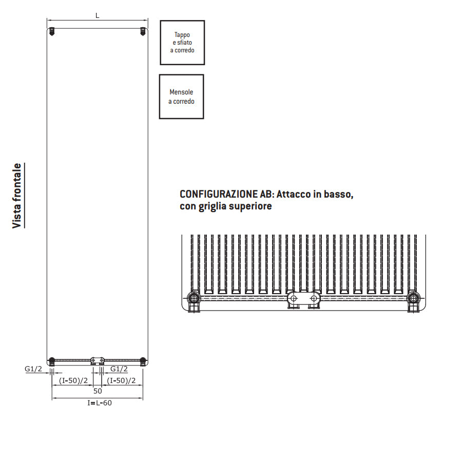 Termoarredo idraulico 180x50 cm interasse mm 50 Modello 'Marilyn' Termocrea