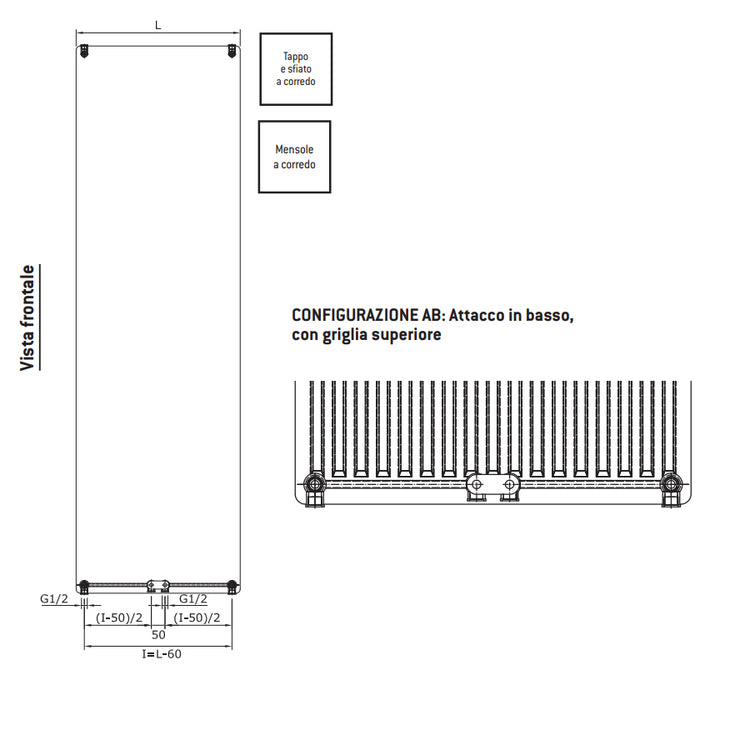 Termoarredo idraulico 180x50 cm interasse mm 50 Modello 'Square' Termocrea