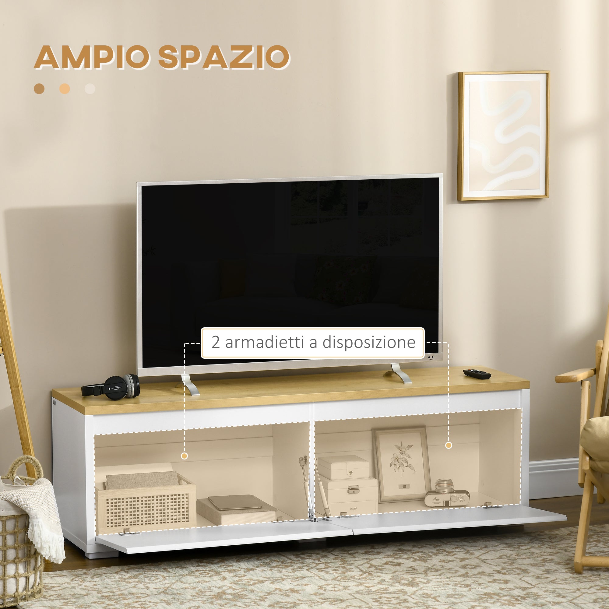 Mobile TV Max 65” 140x37x45 cm in Truciolato Bianco e Legno