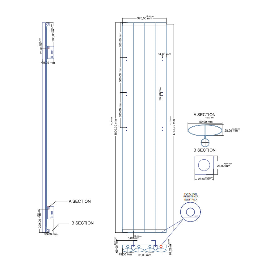 Radiatore in alluminio idraulico 4 elementi  cm 37,5x180 interasse cm 37,5 resa termica 854 Watt Decowarm modello Serez Antracite