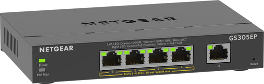 Netgear 5-port gigabit ethernet poe+ plus switch (gs305ep) gestito l2/l3 gigabit ethernet (10/100/1000) supporto power over ethernet (poe) nero - GS305EP-100PES